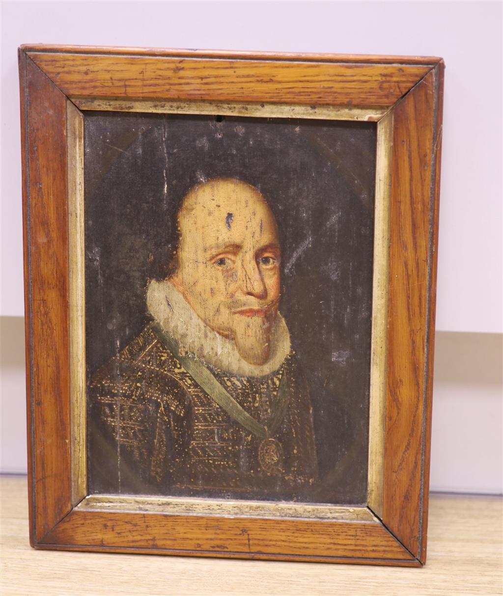 19th century English School, oil on wooden panel, Portrait of a 17th century gentlemen, 25 x 18cm